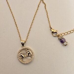 Gold Gemini Necklace Zodiac Astrology Charm Mother of pearl with Pave Crystals